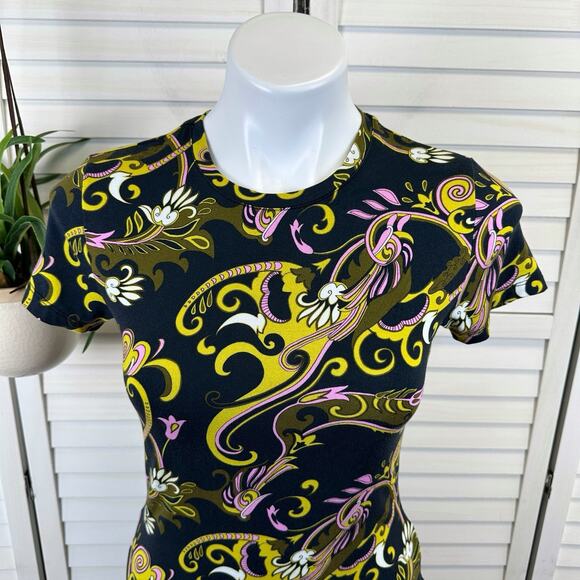 L'Agence Ressi Top Blue Olive Abstract Scarf Print Stretch Knit Blouse Size XS - Picture 3 of 10